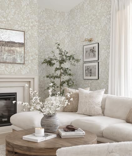 Sage Green Leaf Peel and Stick Wallpaper Beige Wildflower