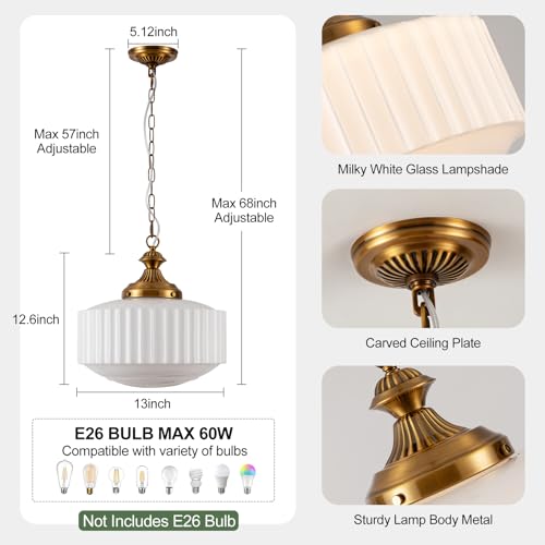 Vintage Brass Milk Glass Pendant Light Fixture