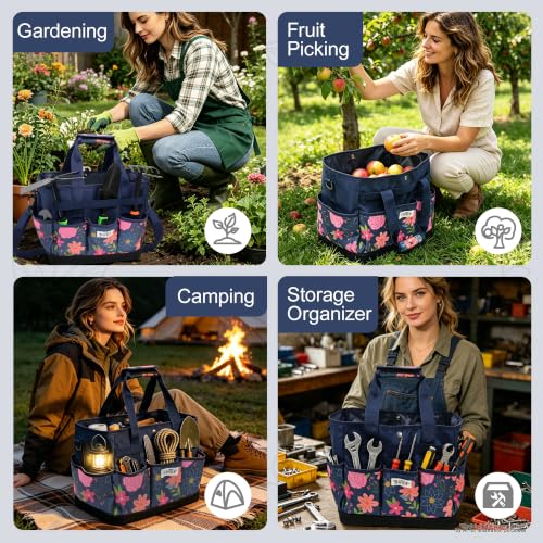 Hard Bottom Floral Garden Tool Tote Bag with Shoulder Strap