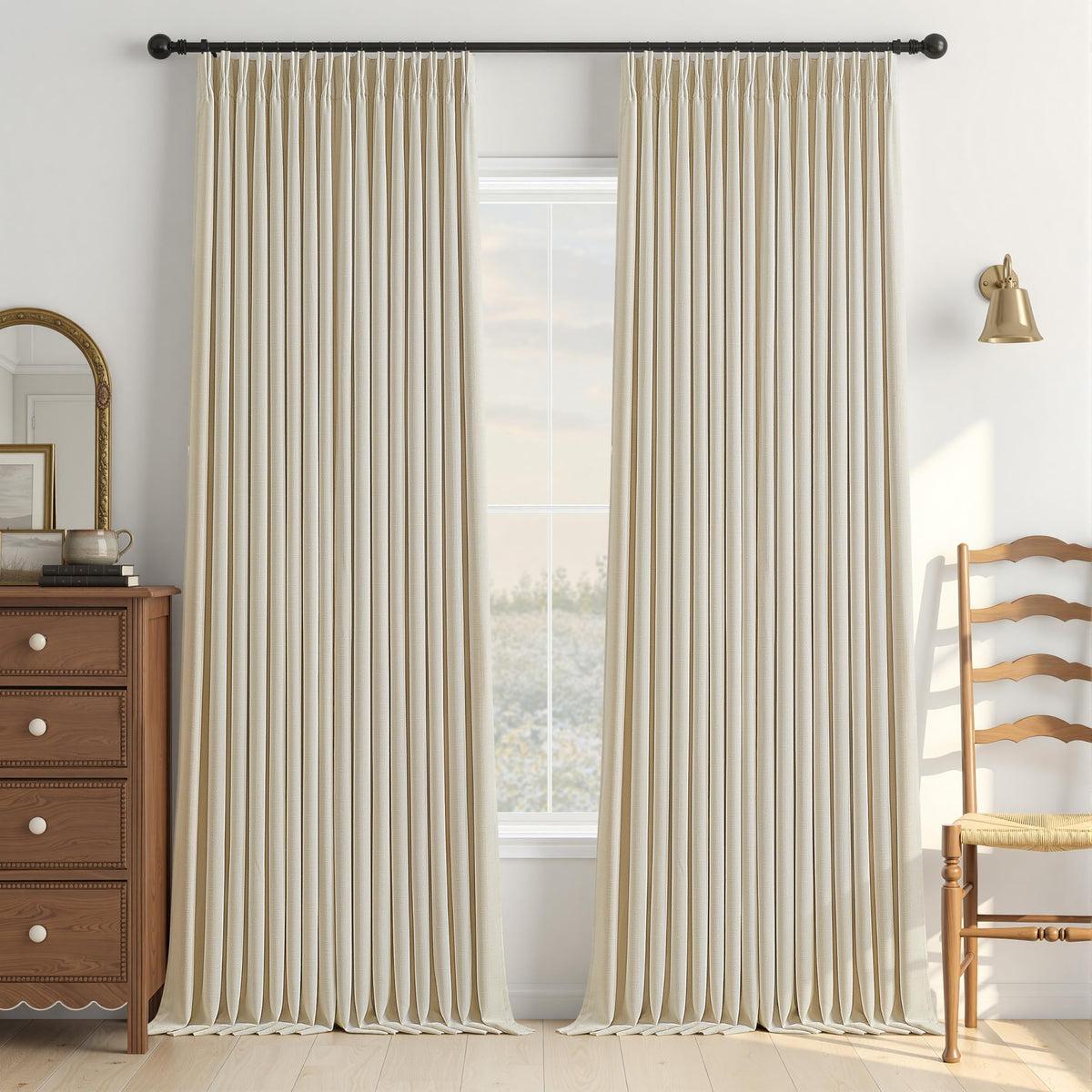 Cream Beige Blackout Linen Curtains 108 Inches Long for Bedroom Pinch Pleated Black Out Curtains Lined 2 Layers Memory Shape Noise Reducing Rustic Farmhouse Living Room Darkening Window Drapes 50x108 (Cream Beige / 50"W x 108"L (Pack of 2))