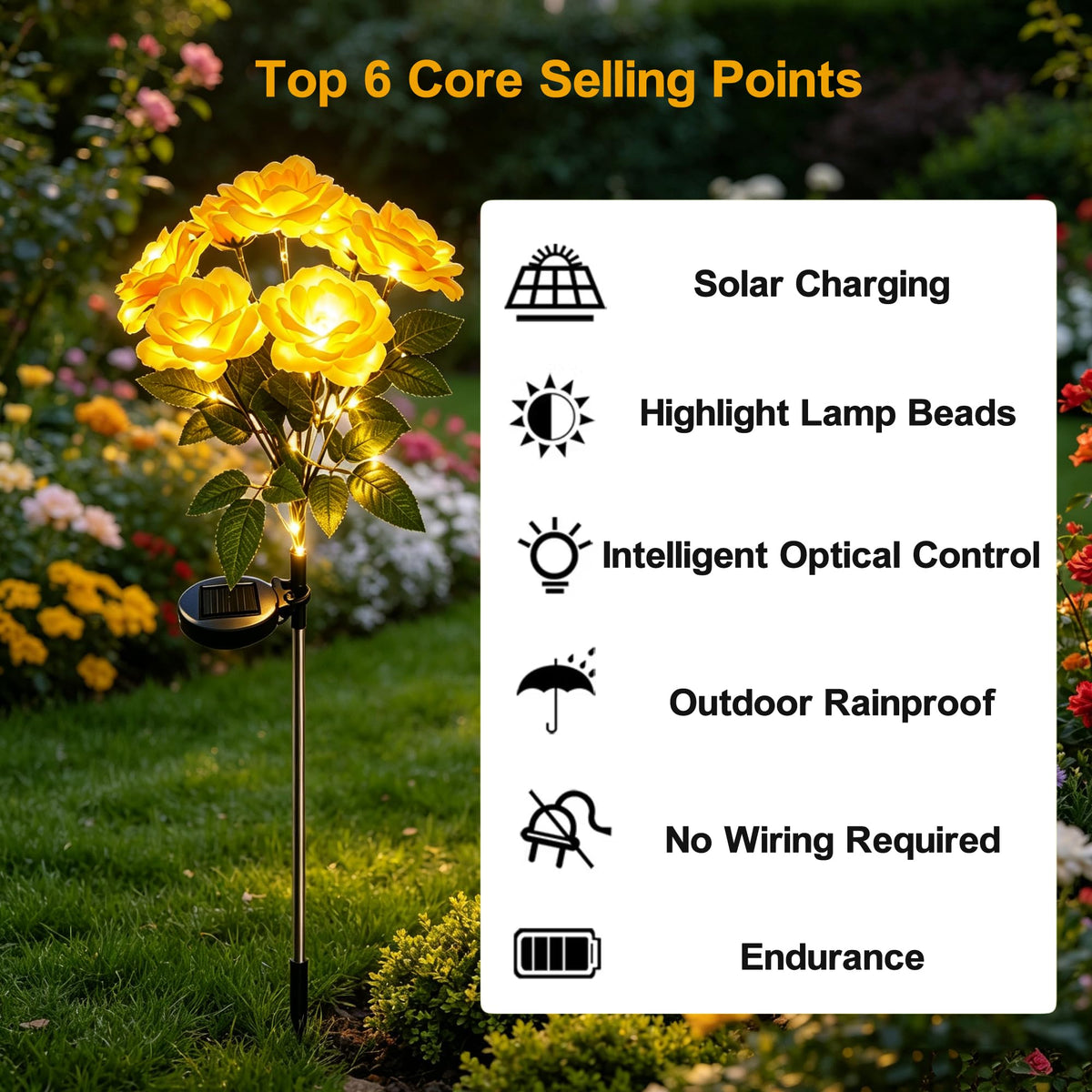 Solar 7 Head Rose Flower Lights Outdoor (Yellow)