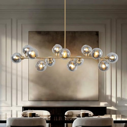 Linear Chandelier for Dining Room with Open Glass Globe Lampshade 13Lights Linear Chandelier Pendant Light