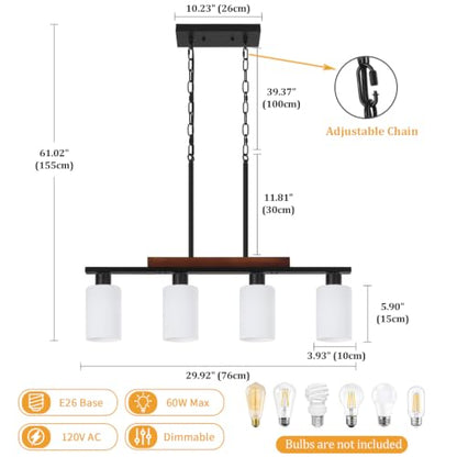 Farmhouse Island Lights for Kitchen Black Dining Room Light Fixtures Over Table with White Shade Wood Linear Chandelier Lighting with Adjustable for Kitchen Island Dining Room