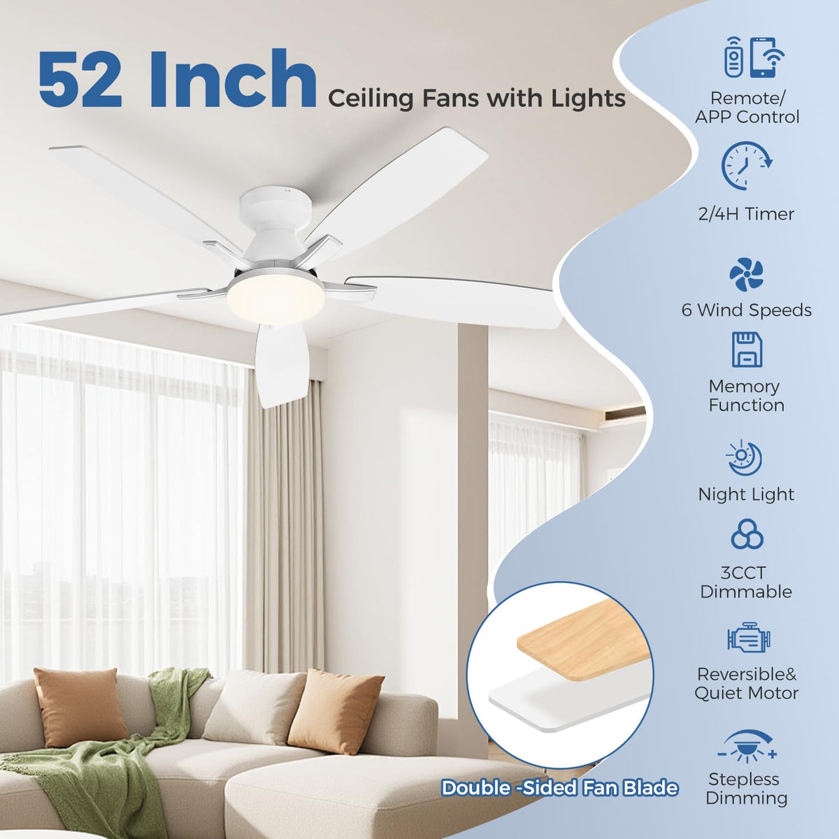 52 Inch Ceiling Fans with Lights (White / 52Inch)