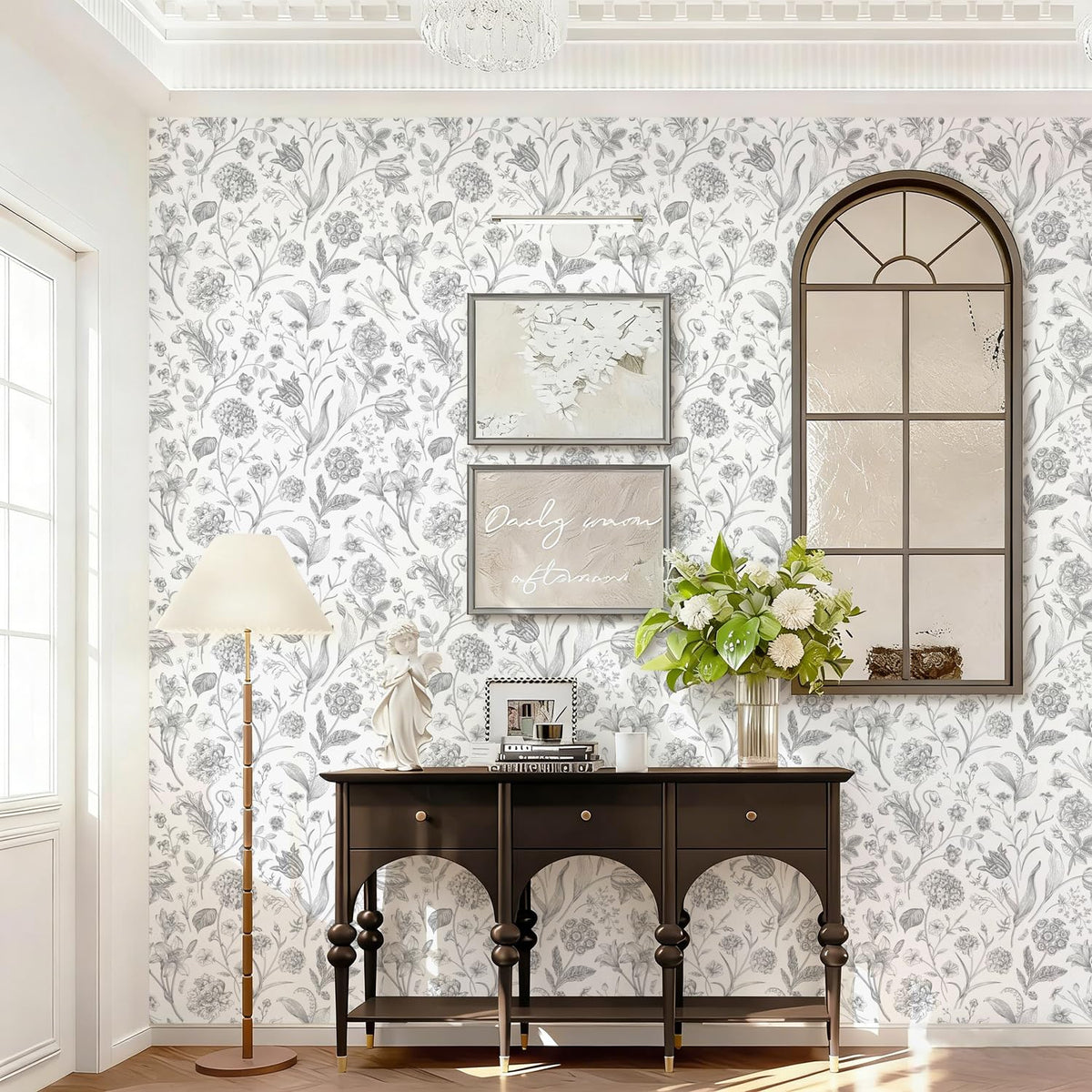 White Grey Vintage Floral Peel and Stick Wallpaper 17in x 118in (Grey/White / 17.3" x 118.1")