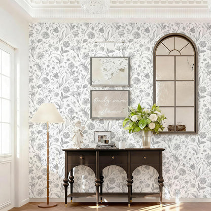 White Grey Vintage Floral Peel and Stick Wallpaper 17in x 118in (Grey/White / 17.3" x 118.1")