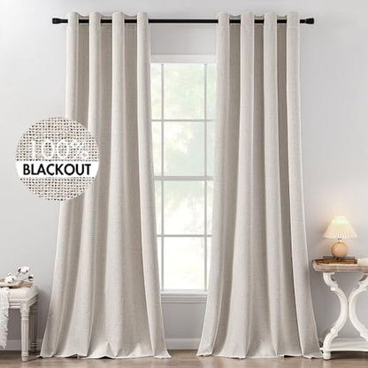100% Blackout Linen Curtains for Bedroom 52x132 Inches Ivory (Ivory / 52"W x 132"L (Pack of 2))