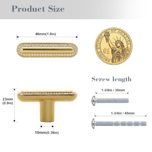 Gold T Bar Crystal Drawer Knobs for Kitchen Cabinets and Dressers