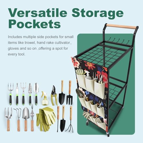 Garden Tool Organizer with Wheels 3 Tier Yard Tool Organizer Rack with Side Storage Pockets Sturdy Metal Steel Holder with 6 Hooks for Garage