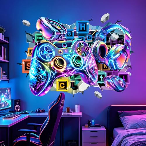 Large 3D Game Controller Wall Stickers Colorful Gamer Zone Gaming Graffiti Peel and Stick Wall Art Decals for Boys Bedroom Kids Room Playroom