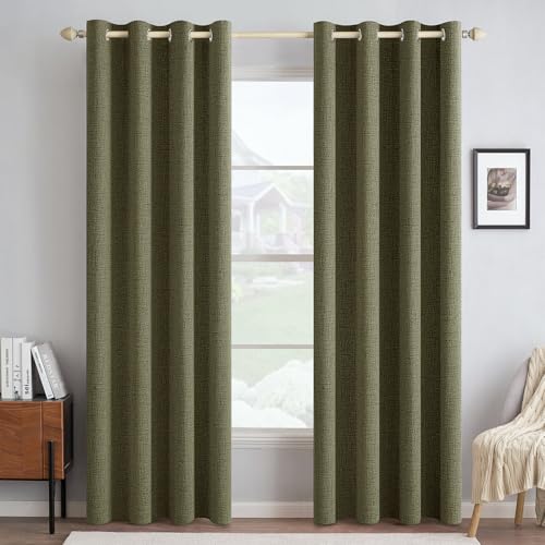 100% Blackout Linen Curtains for Bedroom 52x96 Light Olive Green (Light Olive Green / 52"W x 96"L (Pack of 2))