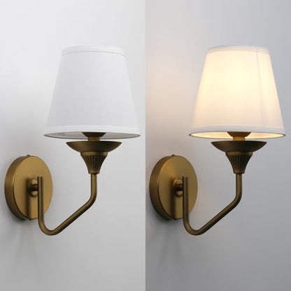 Set of 2 Antique Brass Pipe Curved Stem Funnel Fabric Lampshade Wall Sconce