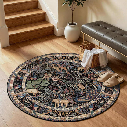 4ft Round Rug Circular Animal Print Area Rug Low Pile Indoor Rug (Black/Multi / 4' (Round))