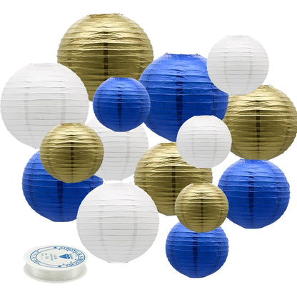 Paper Lanterns Party Decorations Navy Blue Gold (Blue-White-Gold)
