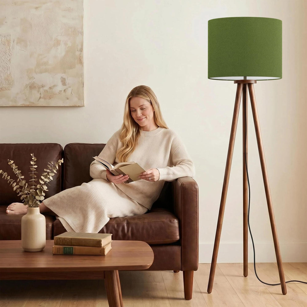 60.6 Inch Walnut Wood Tripod Floor Lamp with Linen Drum Shade (Green)