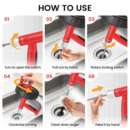Drain Auger Plumbing Snake with Drill Adapter (Red)