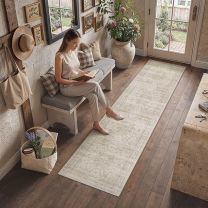 2x10 Washable Runner Rug Beige Vintage Rug for Hallway (Light Beige / 2' x 10' (Runner))