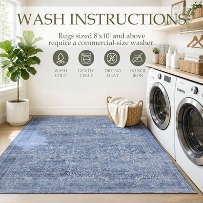 Runner Rug 2x8 Washable Vintage Floral Rug (Dusk Blue / 2' x 8' (Rectangular))