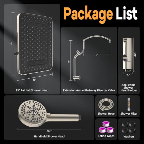 13" Rainfall Shower Head with 5 Spray Modes with Extra Height 12" Shower Arm