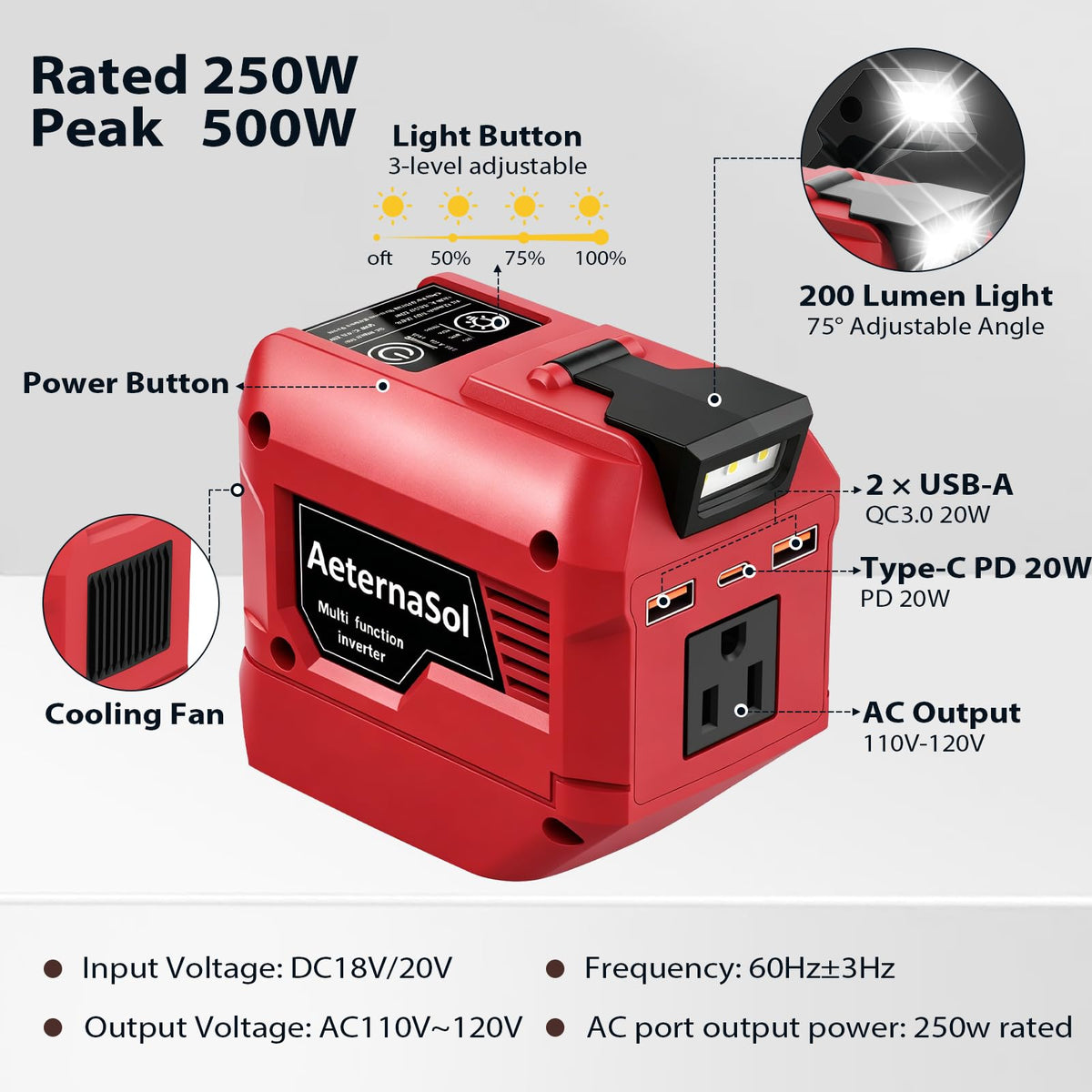 250W Power Inverter Compatible with Milwaukee 18V Battery (Red / 1)