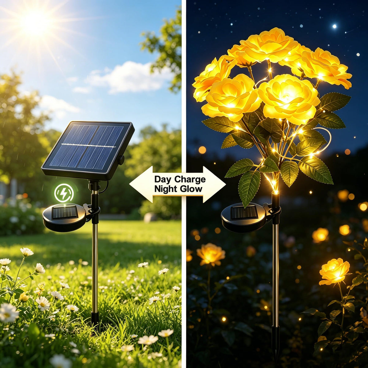 Solar 7 Head Rose Flower Lights Outdoor (Yellow)