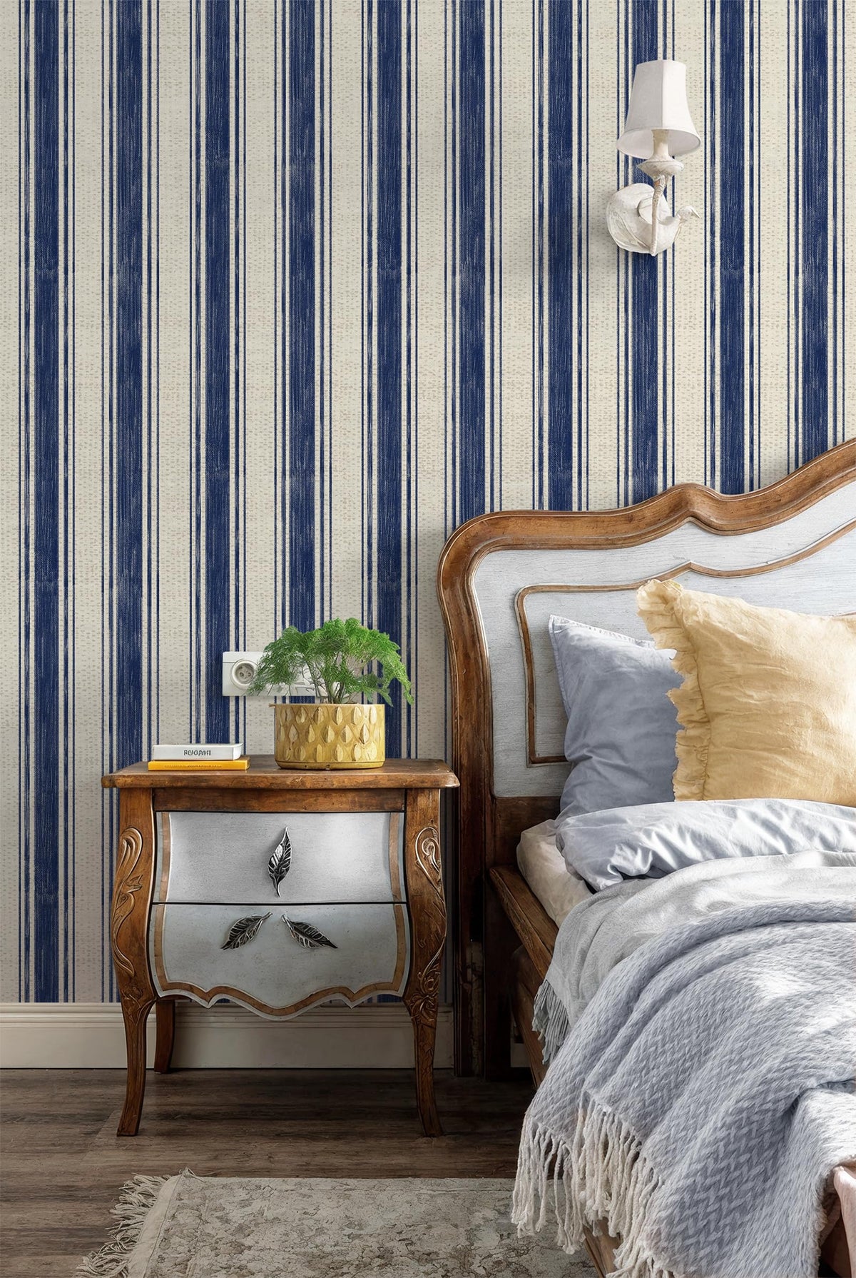 Wallpaper Peel and Stick Blue and Cream White Striped 17.3"x393" Vintage Hand (Blue and Cream White / 17.3" x 393")