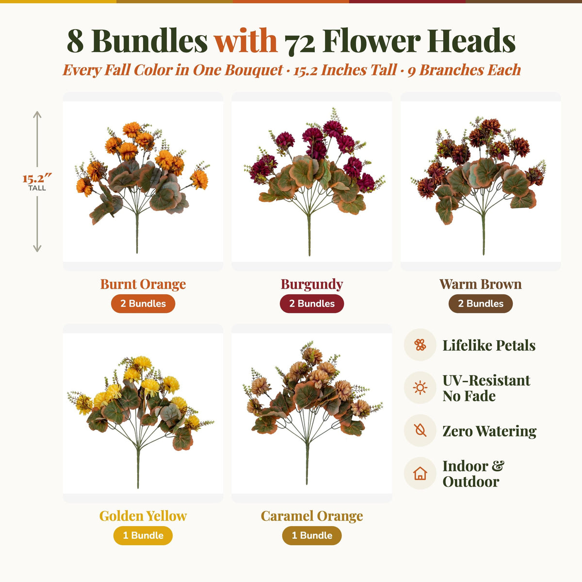 Artificial Mums for Outdoors (Multi-orange Yellow Burgundy Brown / 15.2 inches)