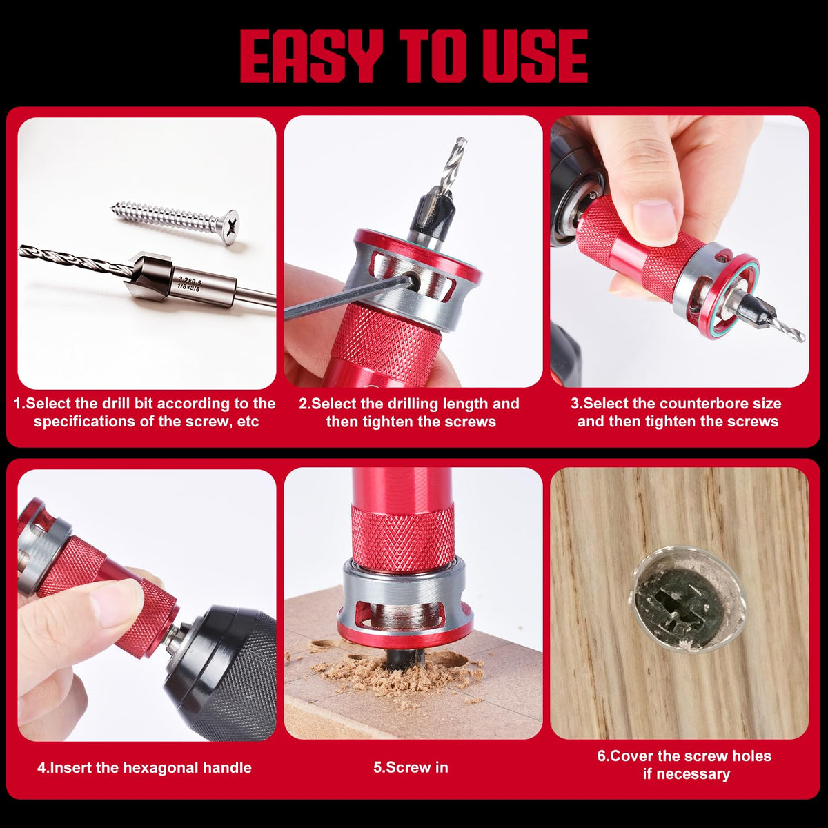 Upgrade 8PCS Countersink Drill Bits Set with Adjustable Depth Stopper (Red / 8 Pcs)