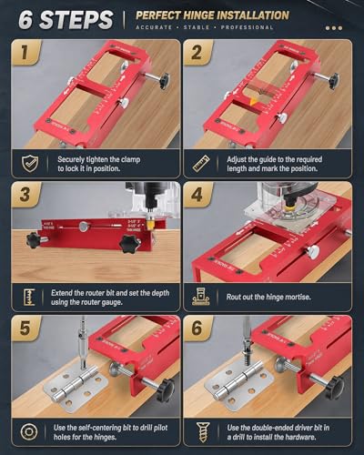 All-in-one Door Hinge Jig & Door Lock and Door Latch Installation Kit, Aluminum Alloy Adjustable Mortise Template for Router, Fits 2.5"–5" Hinges with 1/4" or 5/8" Radius Square Corners
