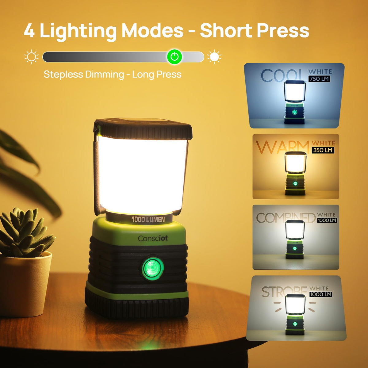 1000LM LED Camping Lantern Rechargeable (Light Green / 2 Pack)