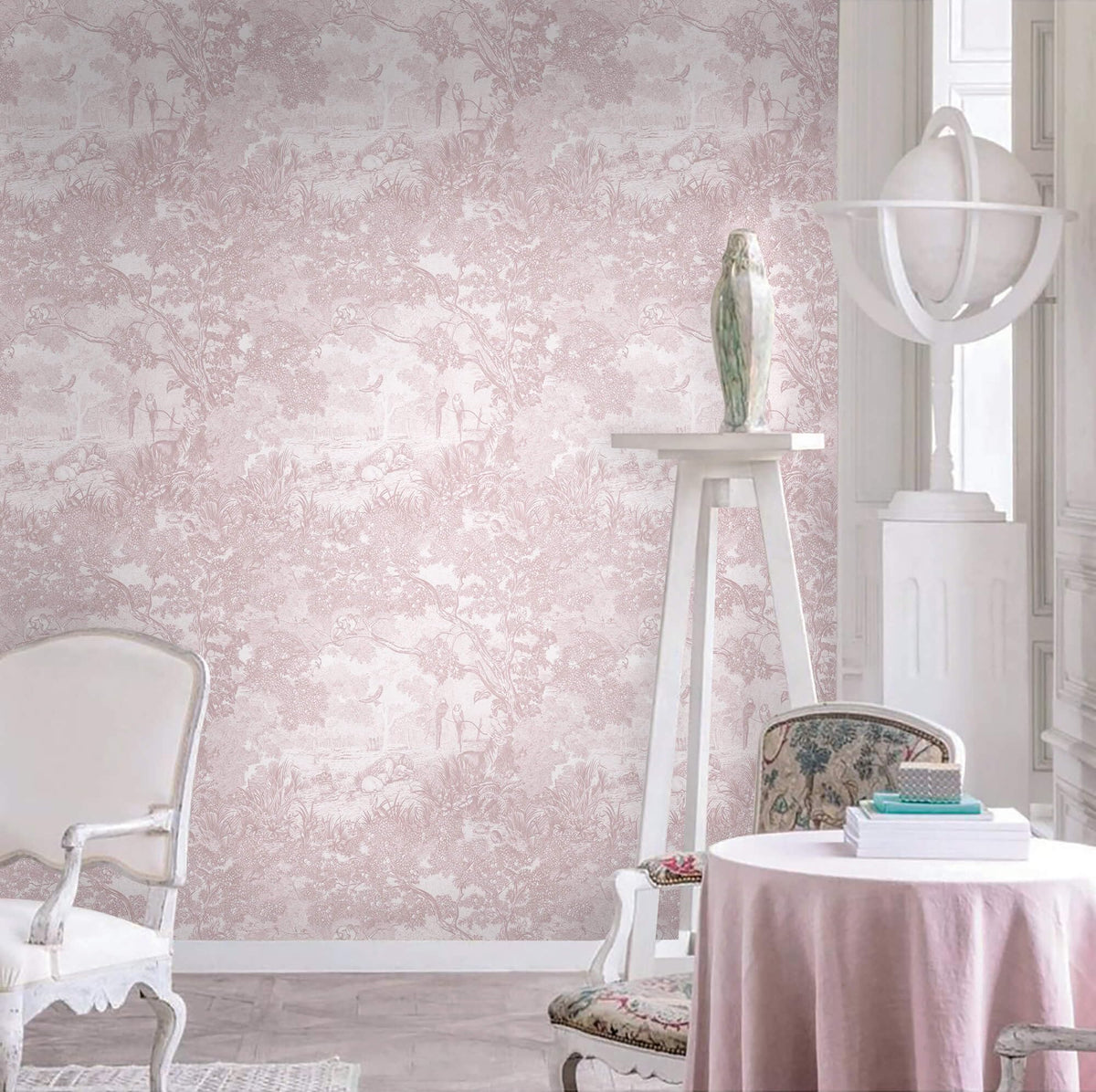 Peel and Stick Wallpaper Pink and White Vintage Forest Animals Floral Wallpaper Removable Self (Soft Pink / 17.3" x 78.7")