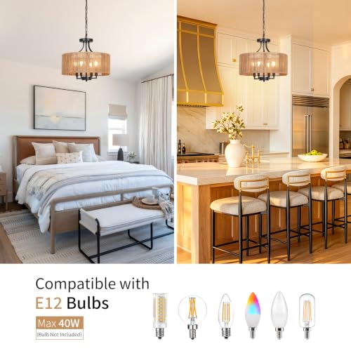 2-in-1 Convertible Rattan Boho Chandelier Pendant Light Fixture for Dining Room Bedroom Living Room