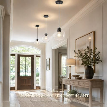 8" Globe Pendant Light Pendant Lights Kitchen Island Black Clear Glass Pendant Lights Height Adjustable Mid Century Modern Light Fixture for Dining Room Bedroom Entryway Foyer Bulb Incl (Black & Clear Glass / 8 Inch)