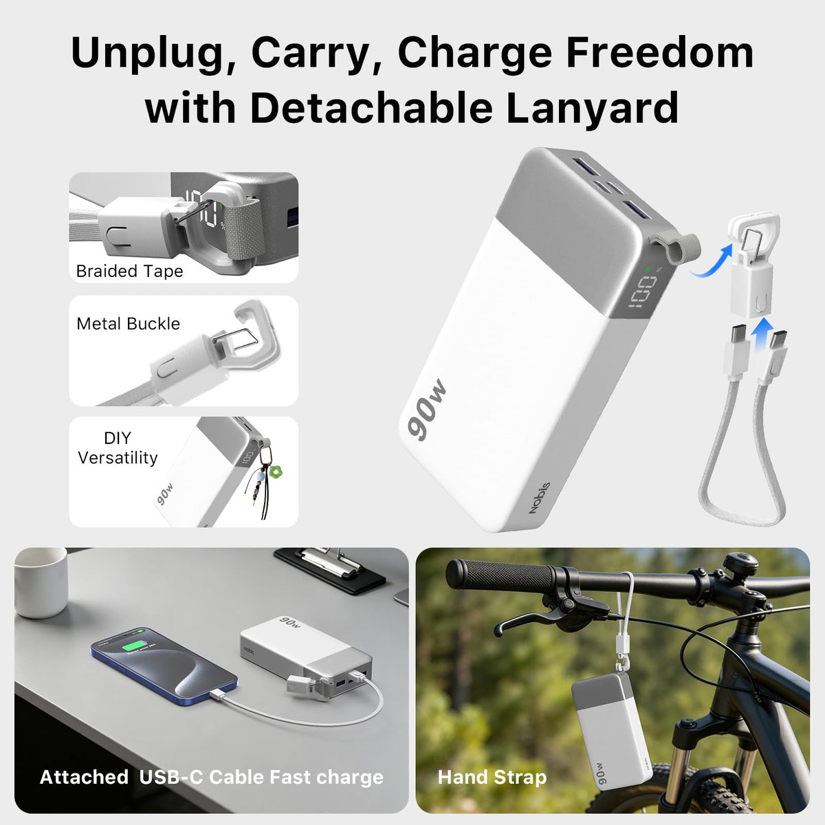 90W Portable Charger 20000mAh Power Bank with Detachable C (White)