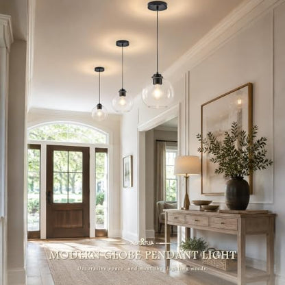 8" Globe Pendant Light 2 Pack Pendant Lights Kitchen Island Black Clear Glass Pendant Lights Height Adjustable Mid Century Modern Light Fixture for Dining Room Bedroom Foyer Bulbs Incl (Black & Clear Glass / 8 Inch)