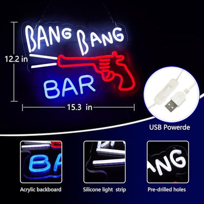BANG BANG BAR Neon Signs for Wall Decor The Roadhouse Neon Lights for Bedroom Led Business Signs Suitable for Man Cave Bar Pub Restaurant Christmas Gift Art 5V Power Adapter 12.2 * 15.4 Inch (BANG BANG BAR)