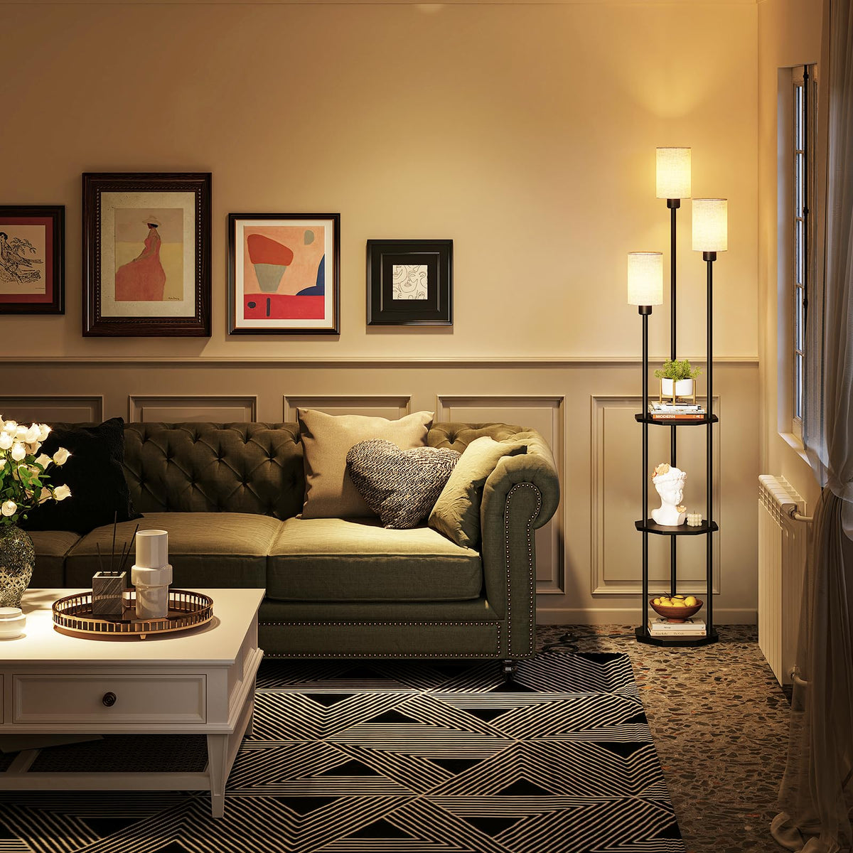 Floor Lamp with Shelves (Black and Beige)