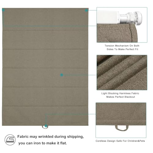 No Drill Roman Shades Cordless Blinds Blackout for Indoor Windows (Brown / 31.5"W x 64"H)