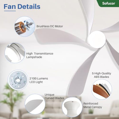 52 Inch Low Profile Ceiling Fans with Lights and Remote (White / 52 inch)