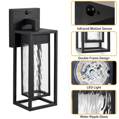 Upgraded LED Motion Sensor Outdoor Wall Lantern 2 Pack (Black(Motion Sensor))