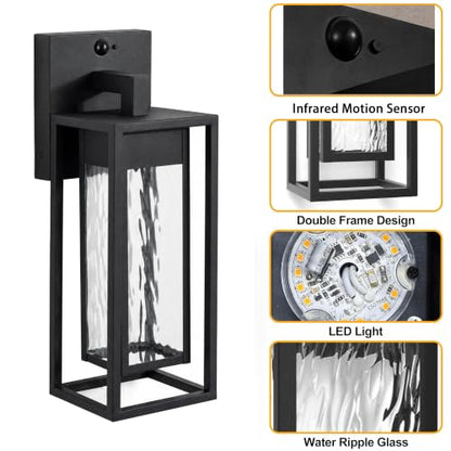 Upgraded LED Motion Sensor Outdoor Wall Lantern 2 Pack (Black(Motion Sensor))