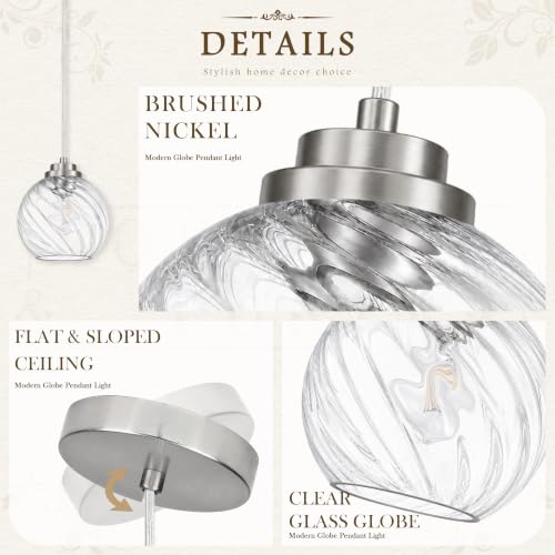 6" Nickel Globe Pendant Light 2 Pack Ribbed Glass Pendant Lights Kitchen Island Height Adjustable Mid (Nickel & Fluted Glass / 6 Inch)