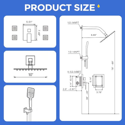 10 Inch Rain Shower Faucet Set with Body Jets