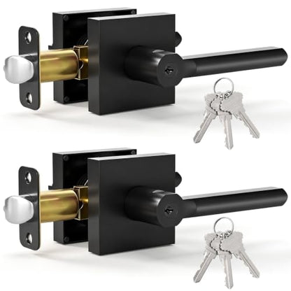 2 Pack Entry Door Handles with Lock and Key (Matte Black)