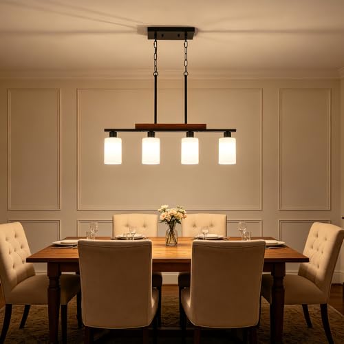 Farmhouse Island Lights for Kitchen Black Dining Room Light Fixtures Over Table with White Shade Wood Linear Chandelier Lighting with Adjustable for Kitchen Island Dining Room