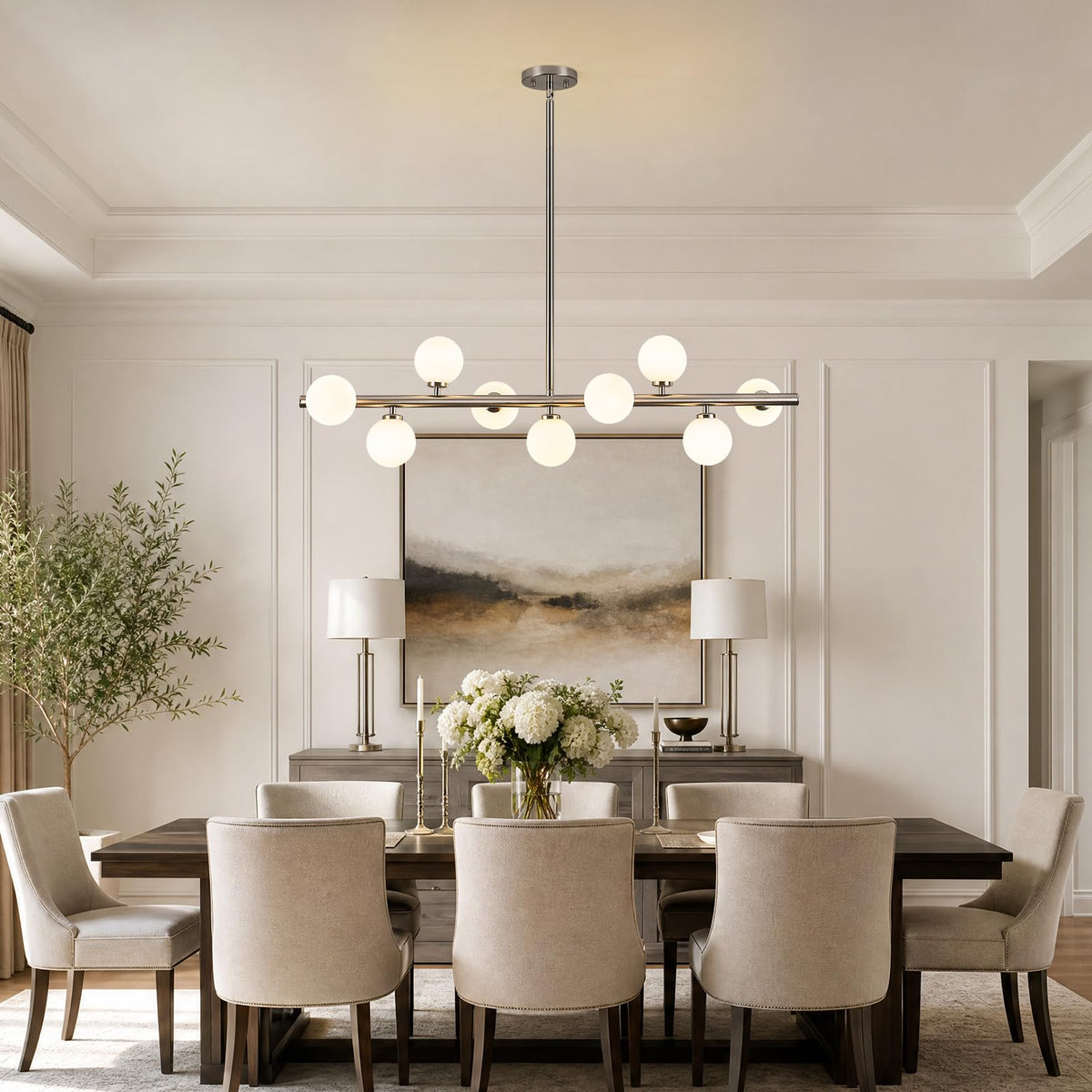 Linear Sputnik Dining Chandelier (Nickel + White / 9-Light 40 Inch)