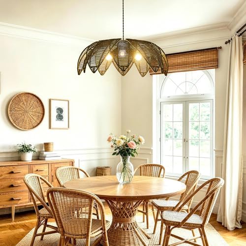 Boho Rattan Chandeliers Light Fixture Hand Woven Wicker Pendant Light Coastal Hanging Pendant Light for Living Dining Room Kitchen Island