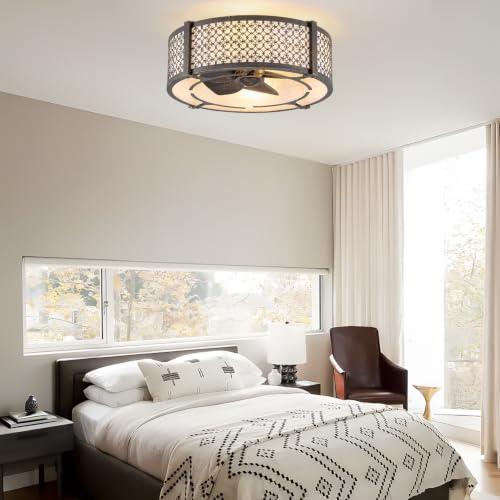 Boho Low Profile Flush Mount Fandelier Ceiling Fan with Light and Remote