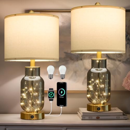 Glass Table Lamps Set of 2 with Nightlight for Bedroom