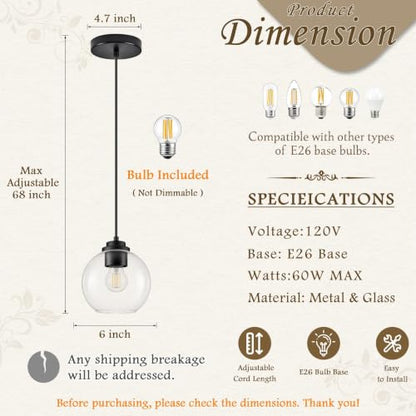 6" Globe Pendant Light 2 Pack Pendant Lights Kitchen Island Black Clear Glass Pendant Lights Height Adjustable Mid Century Modern Light Fixture for Dining Room Bedroom Foyer Bulbs Incl (Black & Clear Glass / 6 Inch)